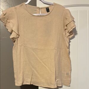 Cream Ruffled Flutter Sleeve Top with Crew Neck